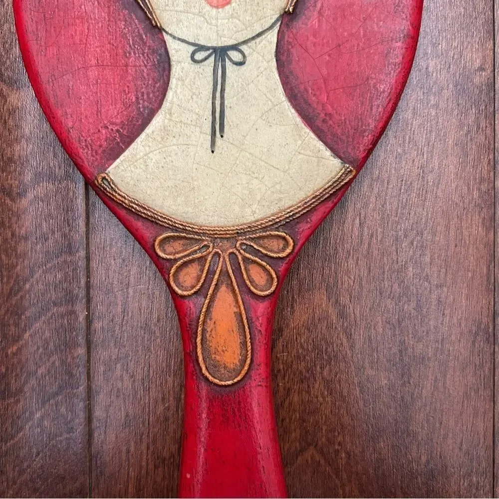Rare Vintage 1960s Red Wooden Handmade Decorative Hand Mirror, Artist Signed